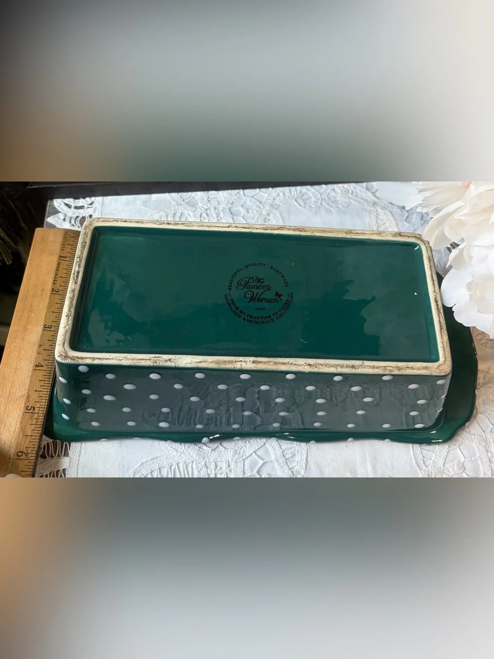Pioneer Woman Green Polka Dot ceramic bread pan Casserole Dish